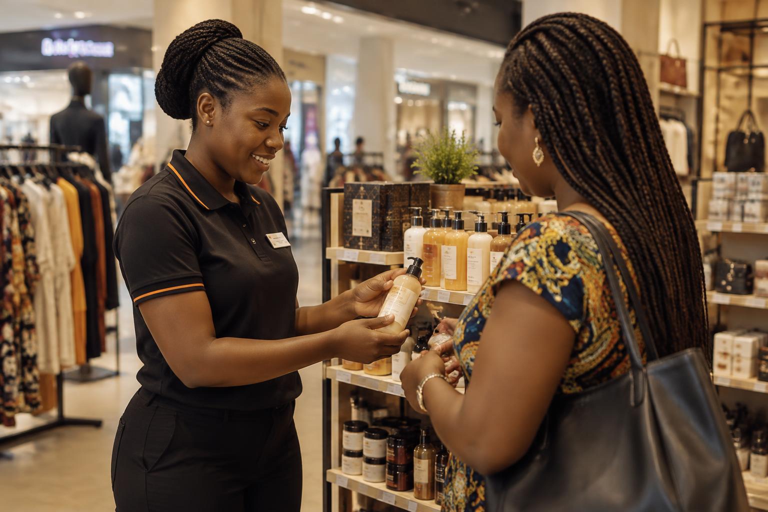 Retail worker serving a customer in a shopping mall